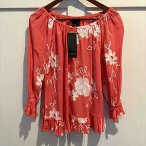 LIV LOS ANGELES Blouse Womens Small Coral‎ Embroidered Boho Peasant Ruffle SB500